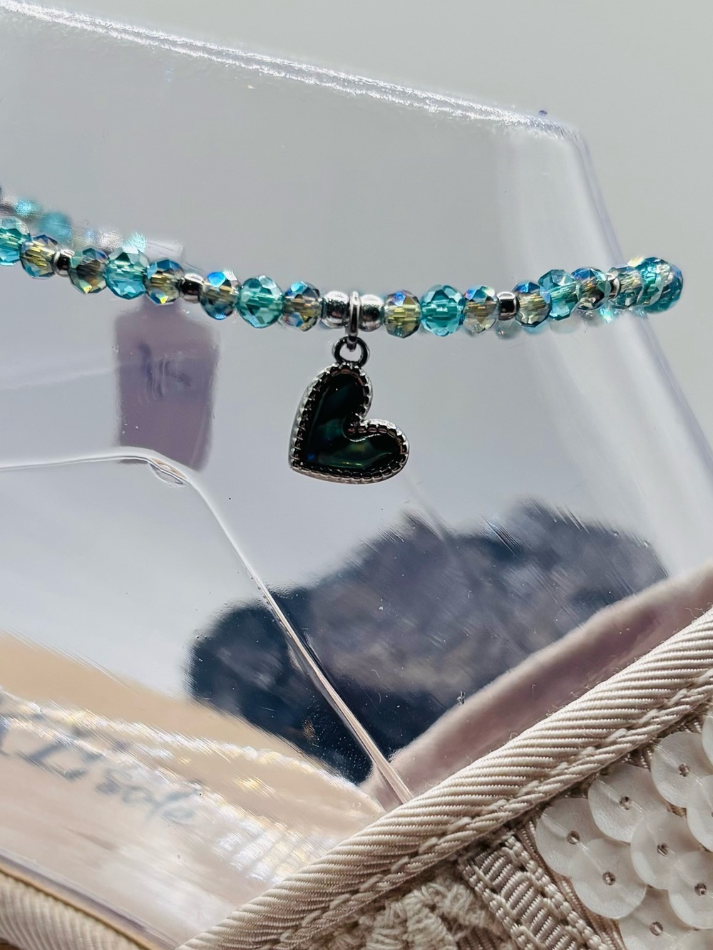 *ANKLET* S.Steel Abalone Heart & Blue Green Crystal Glass Stretchy Anklet - Picture 5 of 6